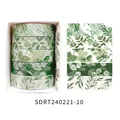 Set of five green botanical washi tapes with leaf and flower patterns for DIY journals - Spring Flower Romantic Series 10 (SDRT240221-10) / 5 Rolls