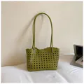 Stylish green hollow woven tote bag with long shoulder straps for summer leisure - Without Pendant / Green