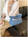 Stylish pleated denim blue tote bag with silver belt accent and large capacity for women - No Pendant / Dark Blue