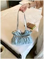 Stylish light blue pleated shoulder bag with silver metallic straps, large capacity tote - No Pendant / Light Blue