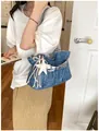 Stylish blue denim pleated shoulder tote bag with star charm accessory for women - With Pendant / Dark Blue