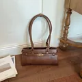 Brown minimalist large capacity underarm tote bag with gold clasp and long straps - Basic Style / Brown