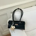 Minimalist Korean style black large capacity shoulder tote bag with cute teddy bear charm - With Pendant / Black