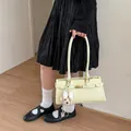 Minimalist cream yellow underarm tote bag with cute plush puppy keychain for women - With Pendant / White