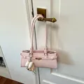Pink minimalist underarm tote bag with plush bear charm and long handle - With Pendant / Pink