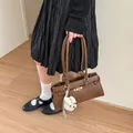 Korean style minimalist brown faux leather tote bag with cute plush dog keychain charm - With Pendant / Brown