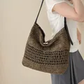 Grand sac à bandoulière en paille tressée marron pour les vacances à la plage - Gris