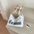 Minimalist large capacity white nylon shoulder bag with off on weekends typography - White