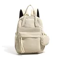Minimalist beige lightweight commuter nylon backpack for women with round pouch charm accessory - Khaki