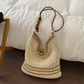 Handmade woven cream straw tote bag featuring brown beaded shoulder strap and tan stripes - Woven Tote Style (CQ9890) / L / Khaki