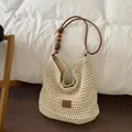 Handmade cream crochet tote bag with elegant wooden bead strap details for beach vacations - Woven Tote Style (CQ9890) / L / Brown