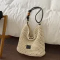 Large capacity hand-woven beige crochet tote bag featuring black beaded shoulder strap - Woven Tote Style (CQ9890) / L / Black