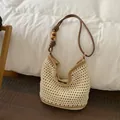 Handmade cream woven beach tote bag featuring a stylish brown wooden bead shoulder strap - Woven Tote Style (CQ9890) / S / Khaki