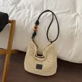 Large hand-woven cream straw tote bag with black strap, wooden beads and leather patch - Woven Tote Style (CQ9890) / S / Black