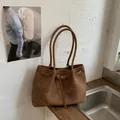 Large capacity brown textured tote bag with elegant buckle detail and long straps - Without Charm / Brown
