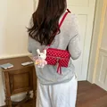 Stylish red polka dot crossbody bag for women featuring a cute knitted rabbit charm - With Pendant / Red