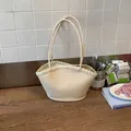 Stylish cream white woven shoulder tote bag featuring a minimalist oval design for summer - No Pendant / White