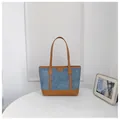 Large capacity blue denim tote bag with stylish brown leather trim and shoulder straps - No Pendant / Brown