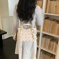Elegant cream monogram commuter handbag with bear charm and adjustable shoulder strap - Without Pendant / Pink