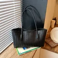 Elegant black woven leather tote bag for women, large capacity stylish shoulder bag - Black