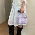 Elegant purple plaid handbag for women featuring decorative lace and pearl bow - With Charm / Purple