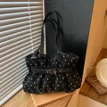 Κομψή μαύρη τσάντα tote με λευκά πουά και διακοσμητική ζώνη για μοντέρνες γυναίκες - Μαύρο χωρίς Μενταγιόν