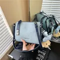 Stylish denim crossbody bag with rhinestones and cute bear charm - Washed Denim Splicing Style / Blue with Pendant