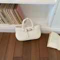 Elegant white pebbled leather top-handle handbag for women, minimalist style for daily commute - White