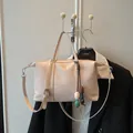 Casual high-capacity beige canvas shoulder bag with unique decorative wood beads - Standard Type / Pink