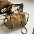 Large capacity khaki canvas shoulder bag with tan faux leather straps for daily commute - Standard Type / Khaki
