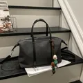 Large capacity black textured canvas tote bag featuring a vibrant multi-color bead charm - Standard Type / Black