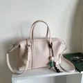 Large capacity beige canvas tote bag with decorative bead charm for casual commuting - With Pendant / Pink