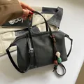 Large charcoal grey canvas tote handbag with black leather straps and colorful beaded charm - With Pendant / Black
