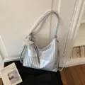 Metallic silver woven texture multi-functional shoulder bag for women commuter tote - Basic Style / Silver