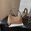 Summer woven straw hobo bag with brown adjustable leather strap for beach or commute. - Basic Style / Brown