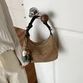 Sac à bandoulière en paille fait main avec pendentif perles colorées pour la plage - Avec Pendentif / Noir