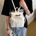 Sweet white mini backpack with lace trim and cute puppy design for women and girls. - White