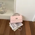 Pink quilted leather square crossbody bag with elegant silver chain handle for women - No Pendant / Pink
