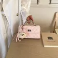 Pink quilted square handbag with chain handle and plush puppy charm - With Pendant / Pink