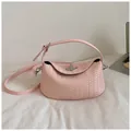 Elegant pink woven leather handbag for women featuring stylish silver hardware clasp - No Pendant / Pink