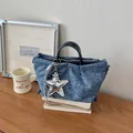 Stylish blue denim dumpling bag with silver star pendant for casual daily use - L / Dark Blue