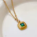 Vintage French-style gold-plated necklace with a square emerald green gemstone pendant. - Green Glass Stone Necklace (EH156) / Gold