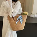 Large capacity handmade woven straw tote bag with decorative blue striped silk scarf - Khaki With Charm
