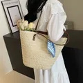 Handmade woven straw tote bag in cream white with brown straps for beach vacations - Cream White With Pendant