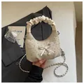 Élégant sac hobo en tweed beige avec nœud en strass et poignée froncée pour femme - Blanc