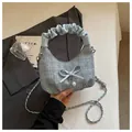 Sac à main élégant en tweed à carreaux bleu clair avec poignée froncée et nœud décoratif - Bleu