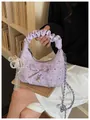 Élégant sac hobo en tweed lavande avec poignée froncée et décoration nœud en strass - Violet avec Pendentif