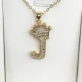 Elegant gold-tone initial J pendant necklace with crown motif and sparkling cubic zirconia - Letter J / Gold