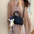 Elegant black mini Boston crossbody bag with a cute white bunny keychain charm - With Rabbit Pendant / Black