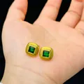 Vintage French threaded titanium steel earrings with 18k gold plating and green glass stone. - Green Glass Stone Stud Earrings (EH156) / Gold